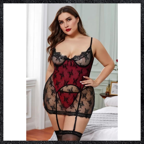 Red & Black Lace Layered Garter Chemise Dress Plus Size - Picture 6 of 11